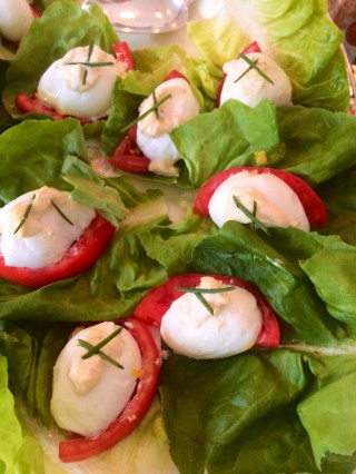 This might be my favorite of everything that I made:  hard cooked eggs with tarragon shallot mayonnaise wrapped in a tomato slice and butter leaf lettuce.  You eat them as a wrap...
