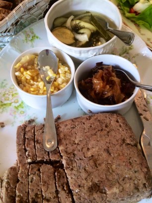 Duck and fig terrine with mixed onion marmalade, pickled corn with jalapeno and sweet and sour dilled pickles. 