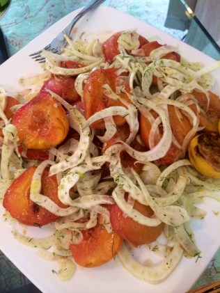 Roasted peaches with fennel in a roasted lemon broken vinaigrette.  This turned out way better than I thought it would!