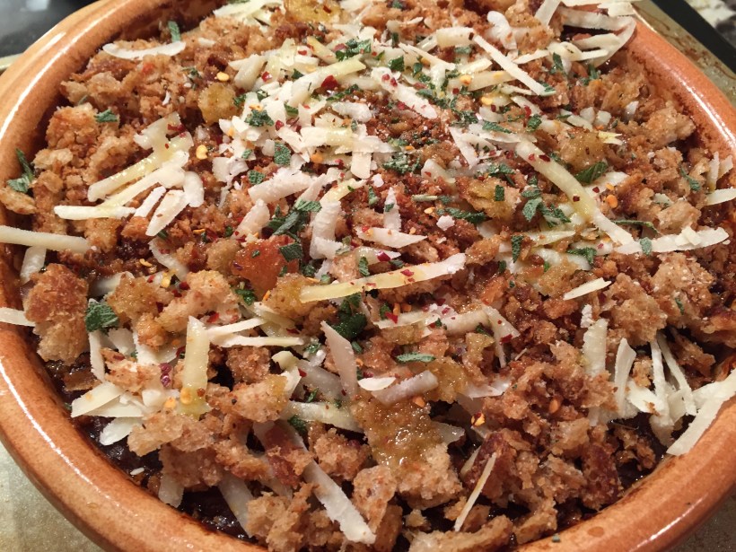 Bean Soup after being topped with the breadcrumbs, herbs, and Parmesan cheese.