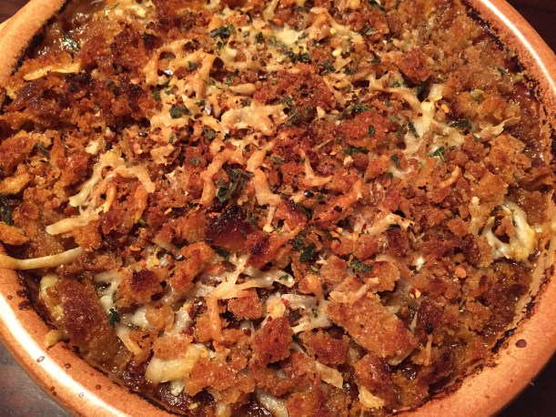 The whole dish in the casserole pan.