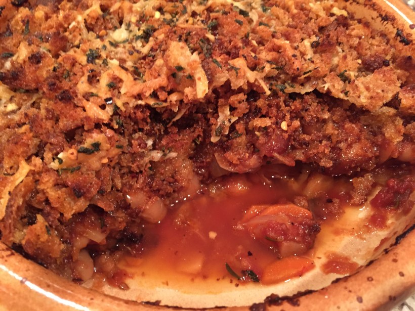 A quick peak inside the finished bean bake.  Note how much of the soup's liquid has been absorbed and reduced.