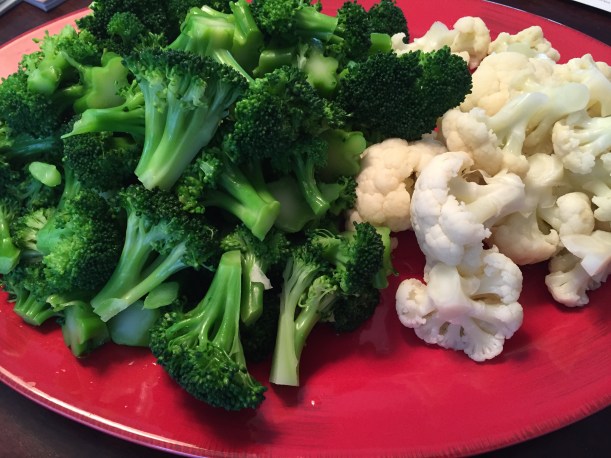 Blanched Broccoli and Cauliflower.  Serve with a shallot and tarragon mayonnaise dip or apple cider vinegar honey mustard vinaigrette.