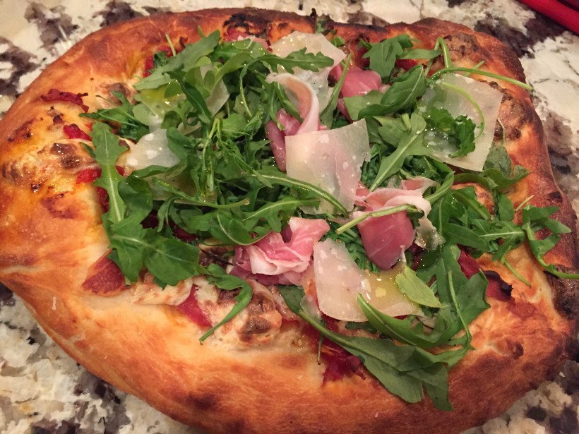 Prosciutto and Arugula Pizza with Homemade Mozzarella and Parmesan Reggiano   