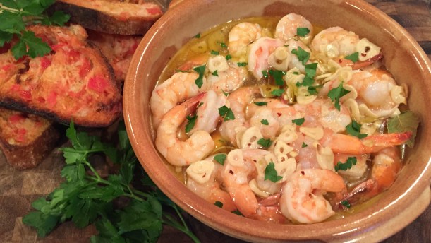 Shrimp with Garlic in a classic cazuela or Spanish earthen ware bowl.