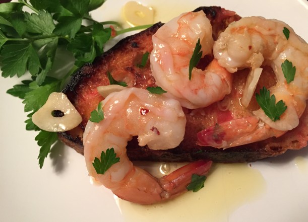 Shrimp with Garlic served on Classic Garlic Tomato Toasts.