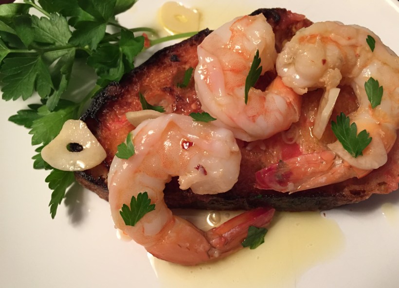 Shrimp with Garlic served on Classic Garlic Tomato Toasts.