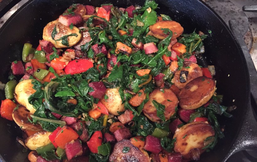 Use a heavy bottomed pan or cast iron pan to cook the hash.