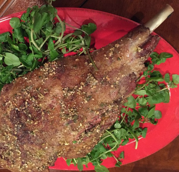 Whole leg of lamb just prior to carving.
