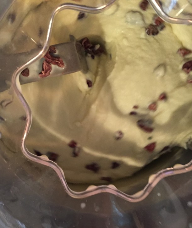 Add the cacao nibs half way through your ice cream making cycle.