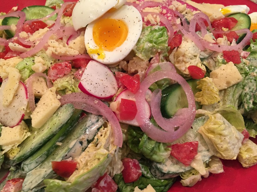 To start, we dove right into this Irish pub salad.  I used the basic recipe outlined in my previous post but added pickled onions, soft boiled eggs instead of hard boiled, and used a homemade mayonnaise for part of the dressing.  I used an aged Irish Stout cheese as well. 