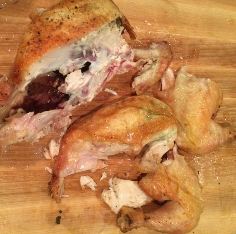 Carving a roasted chicken is easy.  Follow the joints of the chicken, carefully inserting your knife between the joints to separate the various parts.  Then remove the breasts.