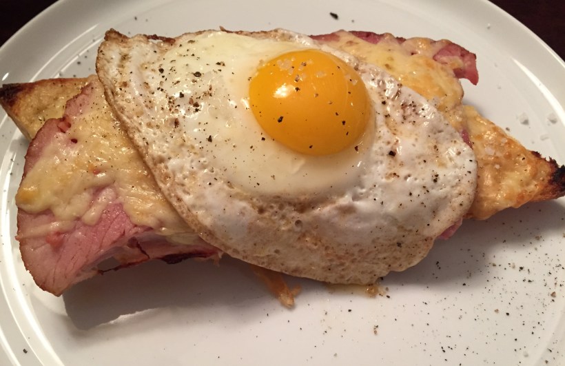 Ham, gruyere cheese, bechamel, and a fried egg with crispy, crusty bread...what could be better!?!