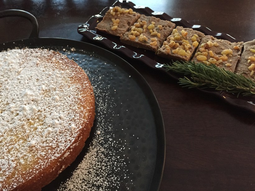Lemon polenta cake with lavender and Tuscan chestnut cake.