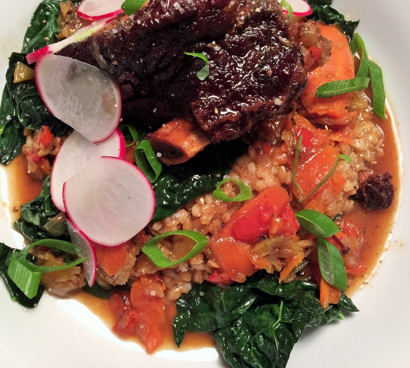 Raw thinly sliced radishes and spring onions add an earthiness and slight spiciness to the sweetness of the lavender honey sherry reduction.  Balance the whole dish with a very small drizzle of sherry vinegar.